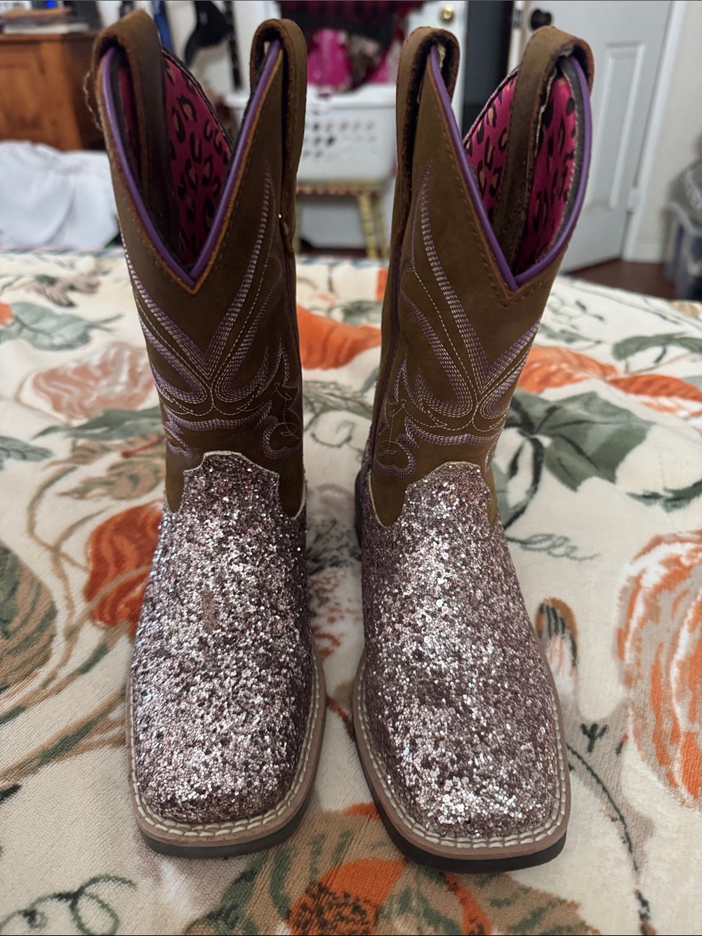 Girls' Glitter Shyanne Cowgirl Boots in Pink and Brown